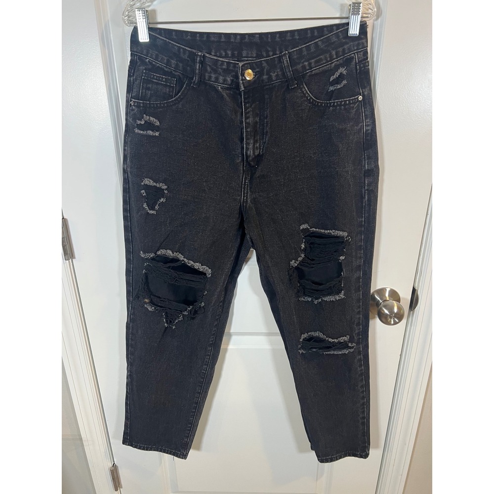 SHEIN Womens Distressed Jeans Ripped‎ Knee Black Size L